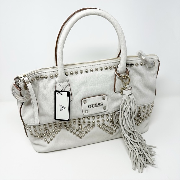 Guess Satchel Crossbody Leather Studded Shoulder Bag Tote w/ Fringe Tassel Charm - Picture 1 of 14